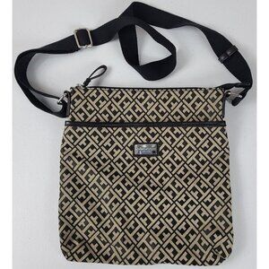 Tommy Hilfiger Logo Cross Body Purse Shoulder Bag Black Tan Zippered 10" x 10.5"